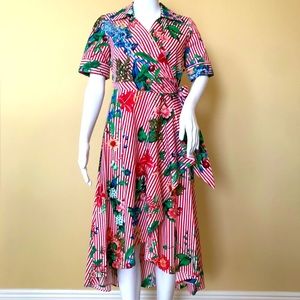 Calvin Klein Striped Wrap Dress Red White Collared